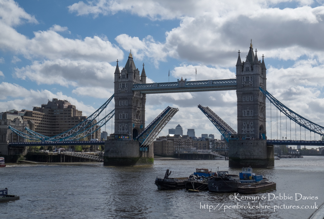 Started in 1886 and completed in 1894, Tower Bridge is a combined bascule (draw) and suspension bridge. It is close The Tower of London, from which it takes it's name.